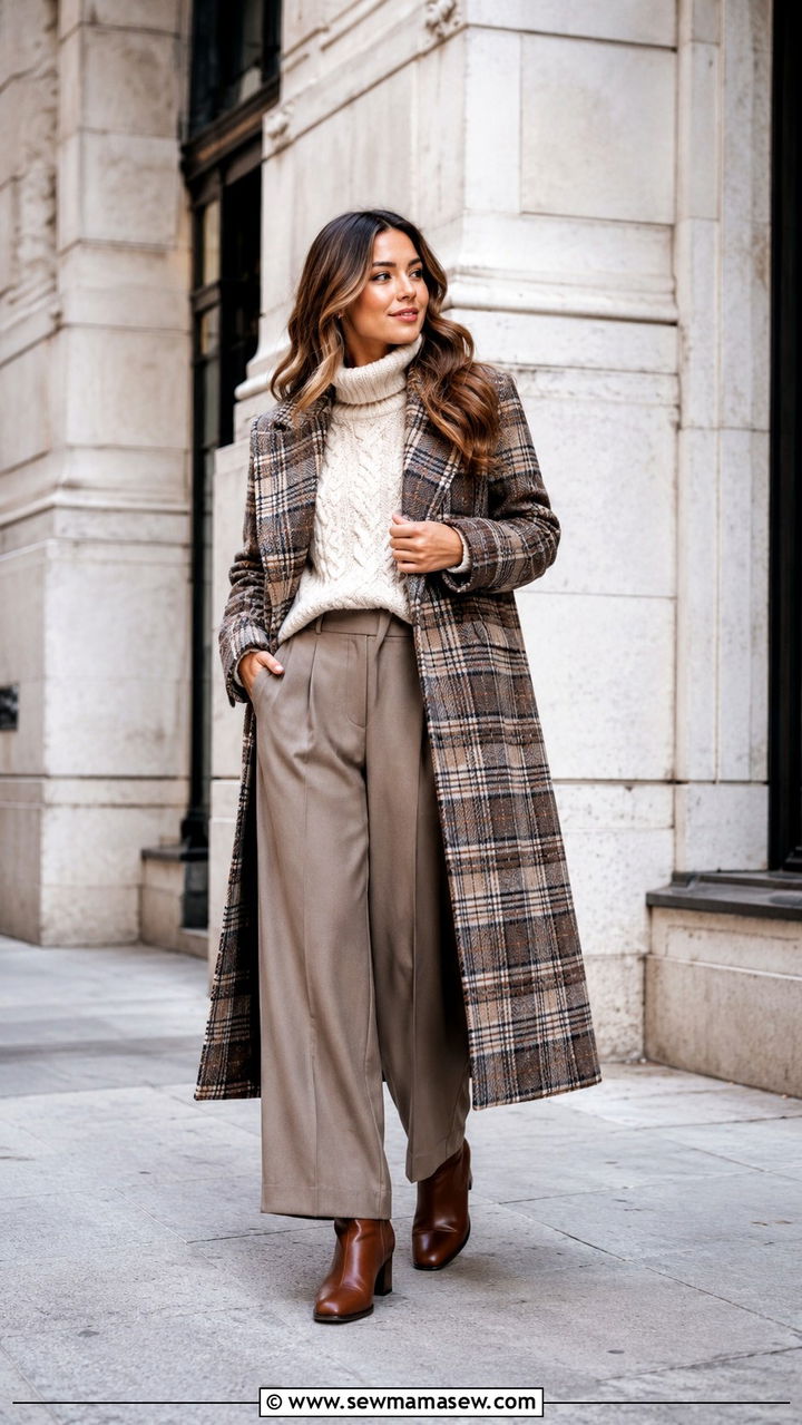 Plaid Wool Coat with Cream Cable Knit Sweater and Wide Leg Trousers - 25 Old money outfit ideas with plaid