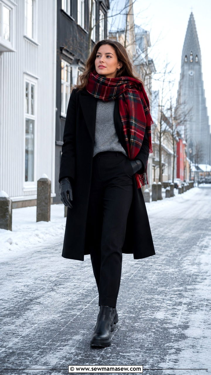 Plaid Wrap Scarf with Wool Coat and Waterproof Chelsea Boots - 30 Iceland outfit ideas