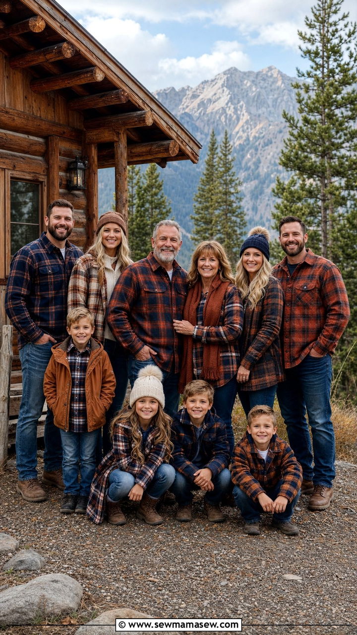 Plaid and Flannel Coordinated Mountain Outfit - 25 Family photo outfits for large families