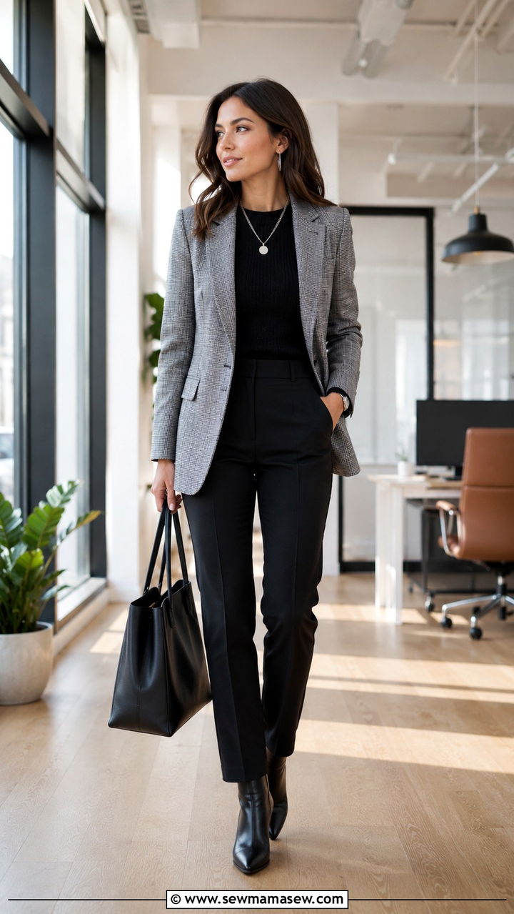 Plaid blazer and black trousers work look - 25 Work outfit ideas for Monday