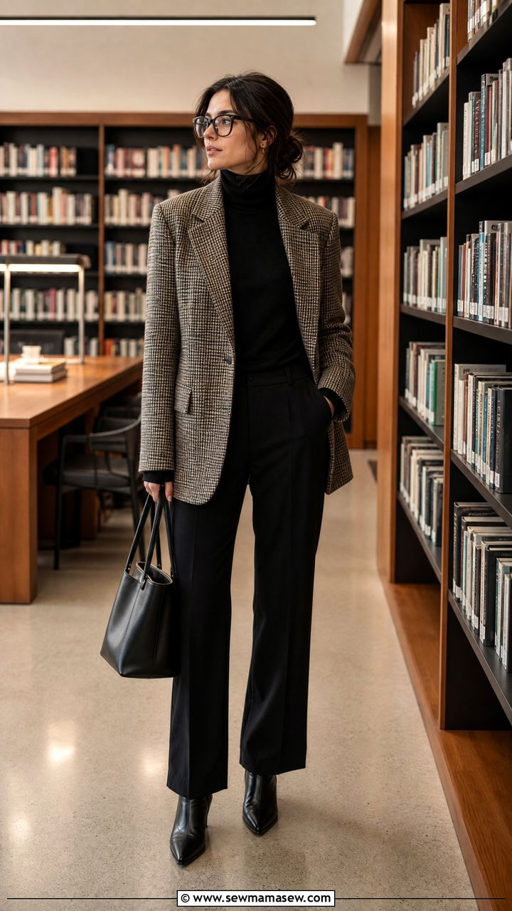 Plaid blazer and black turtleneck librarian look - 25 librarian core outfits 2026