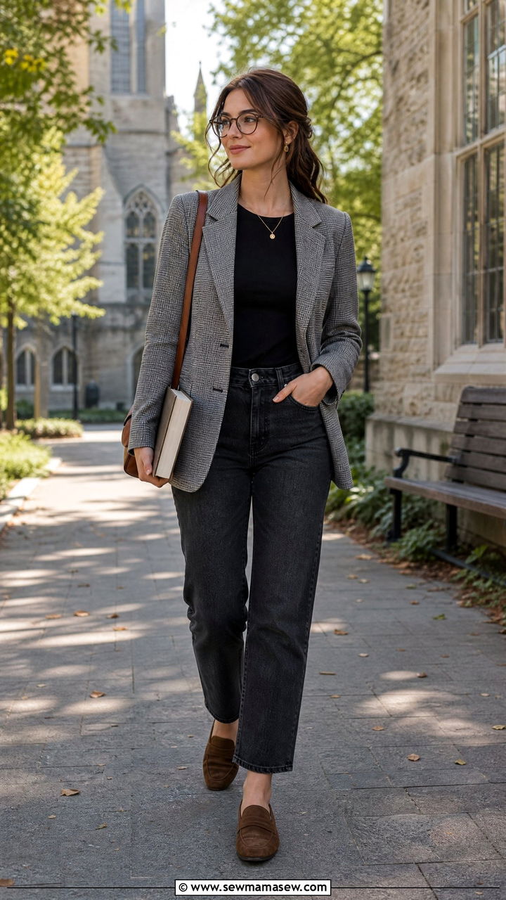 Plaid blazer and dark jeans librarian outfit - 25 librarian core outfits to copy