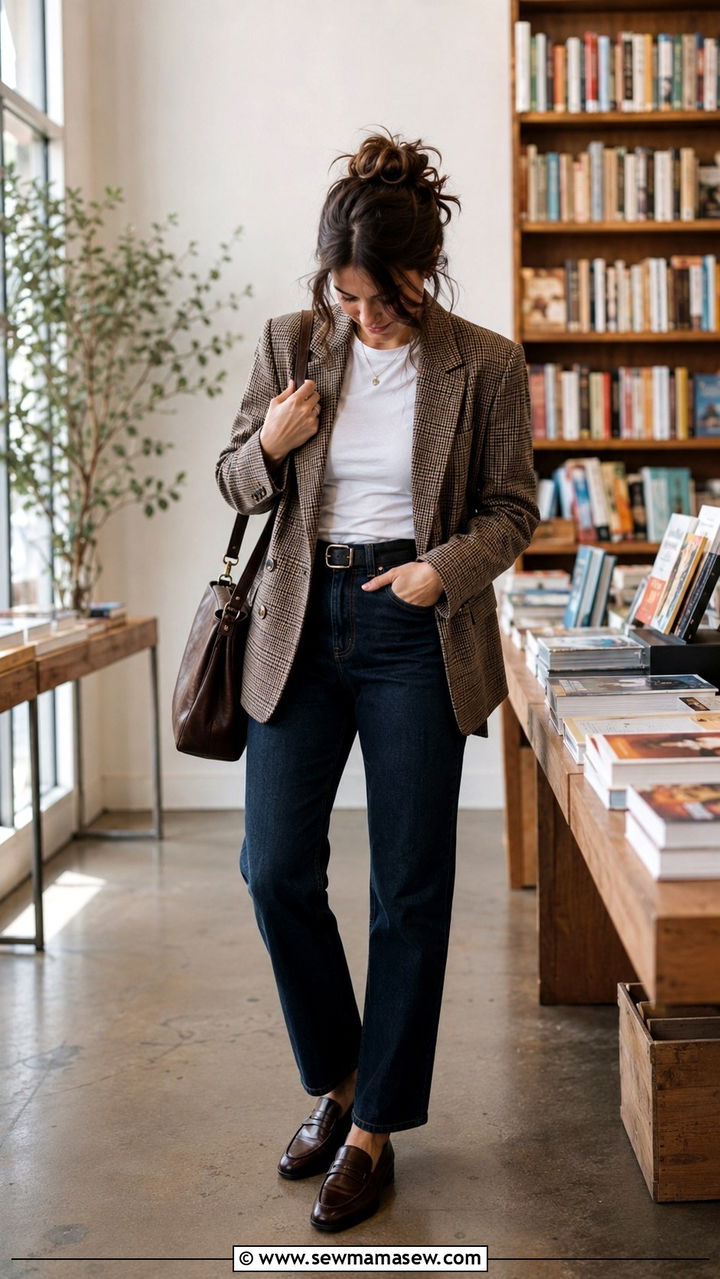 Plaid blazer and dark jeans outfit - 30 librarian core outfits for women