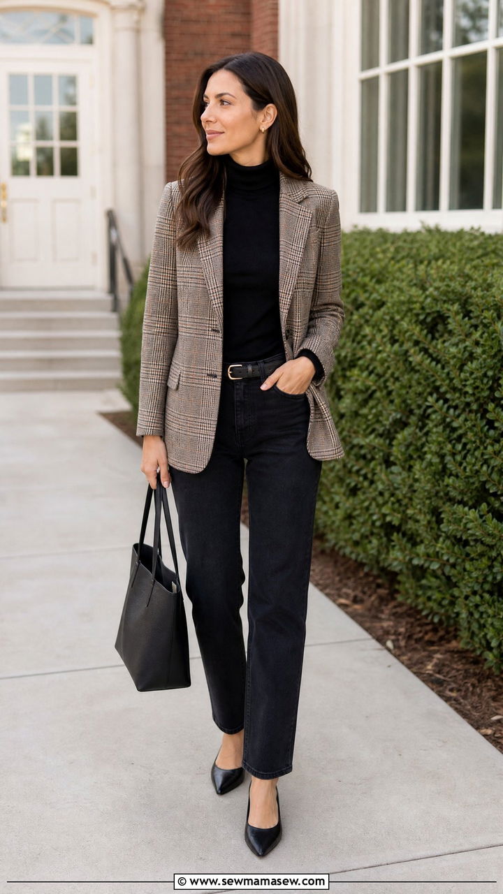 Plaid blazer and dark straight jeans - 25 High school teacher outfit ideas