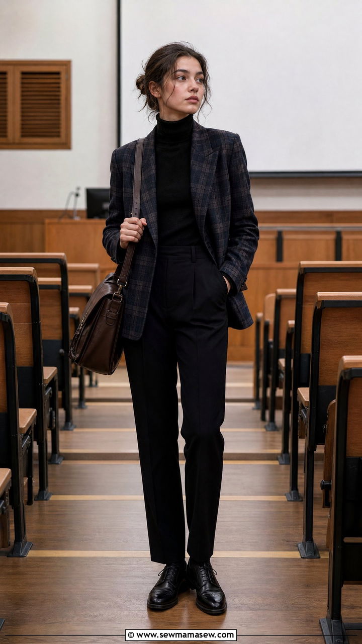 Plaid blazer and dark turtleneck - 30 Dark academia school outfits