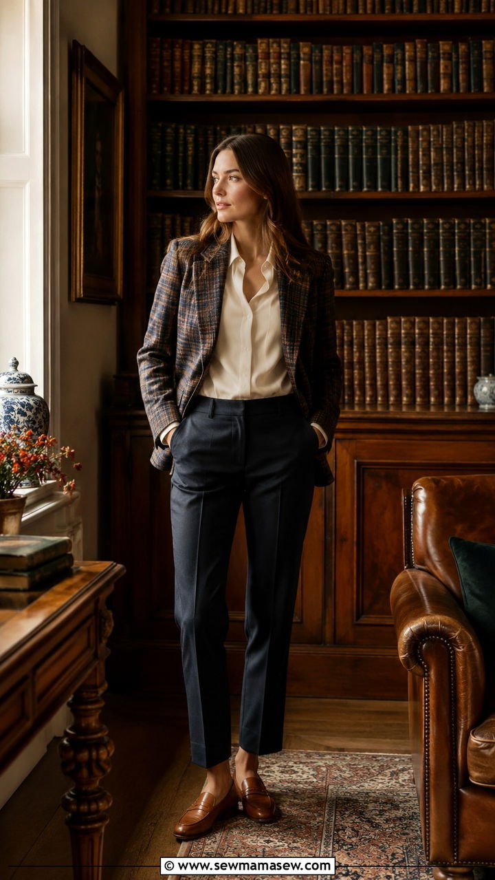 Plaid blazer and neutral trousers with loafers - 25 Old money outfit ideas with loafers