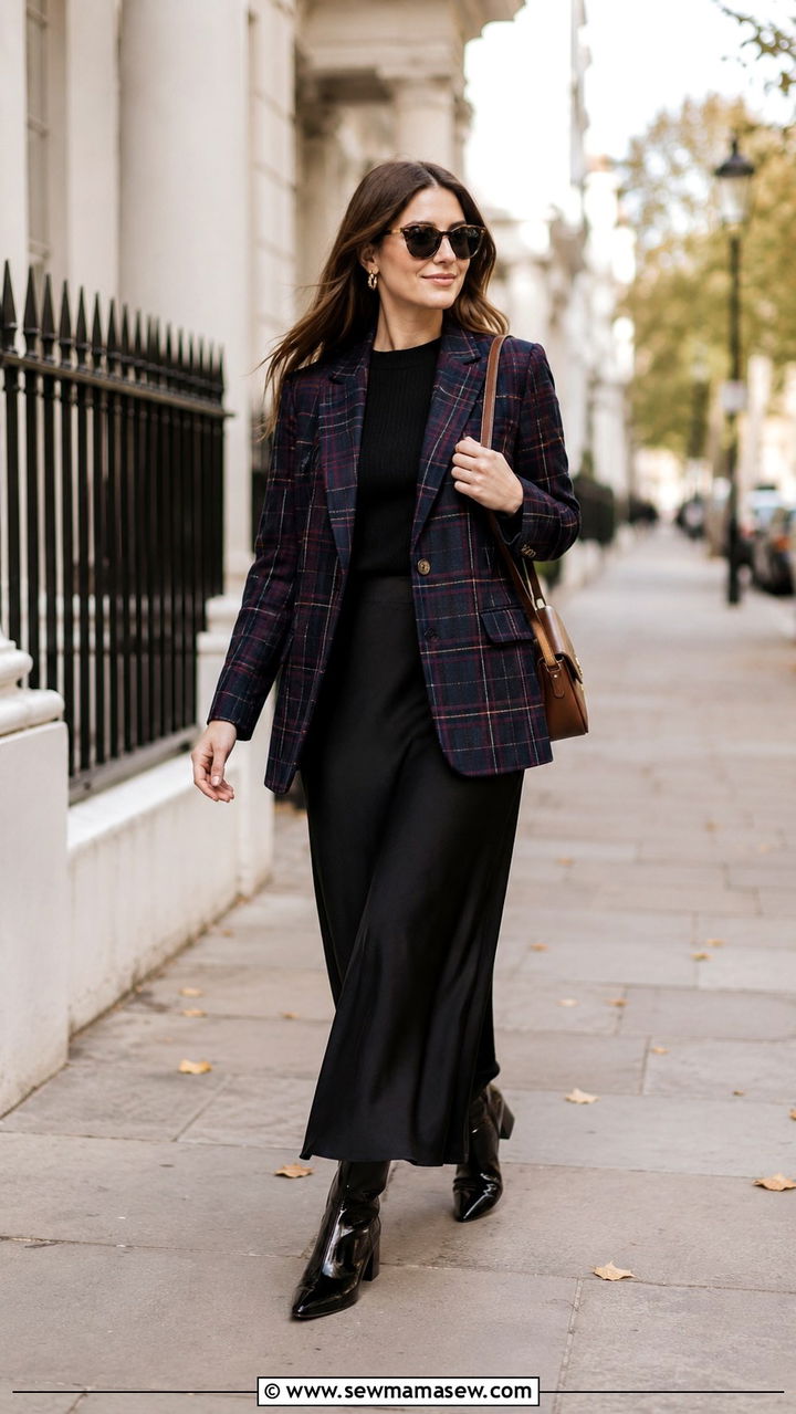 Plaid blazer and solid maxi skirt outfit - 30 Maxi skirt outfit ideas with a blazer