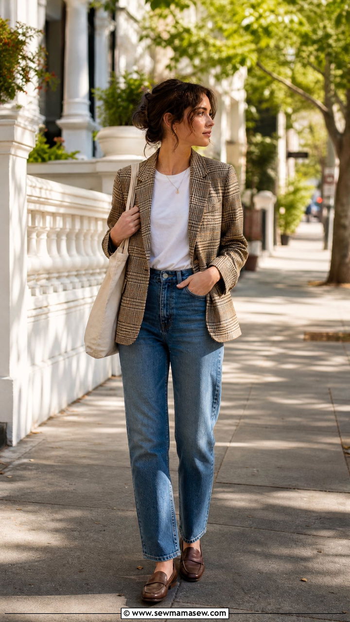 Plaid blazer and straight leg jeans light academia outfit - 25 Light academia outfit ideas 2026