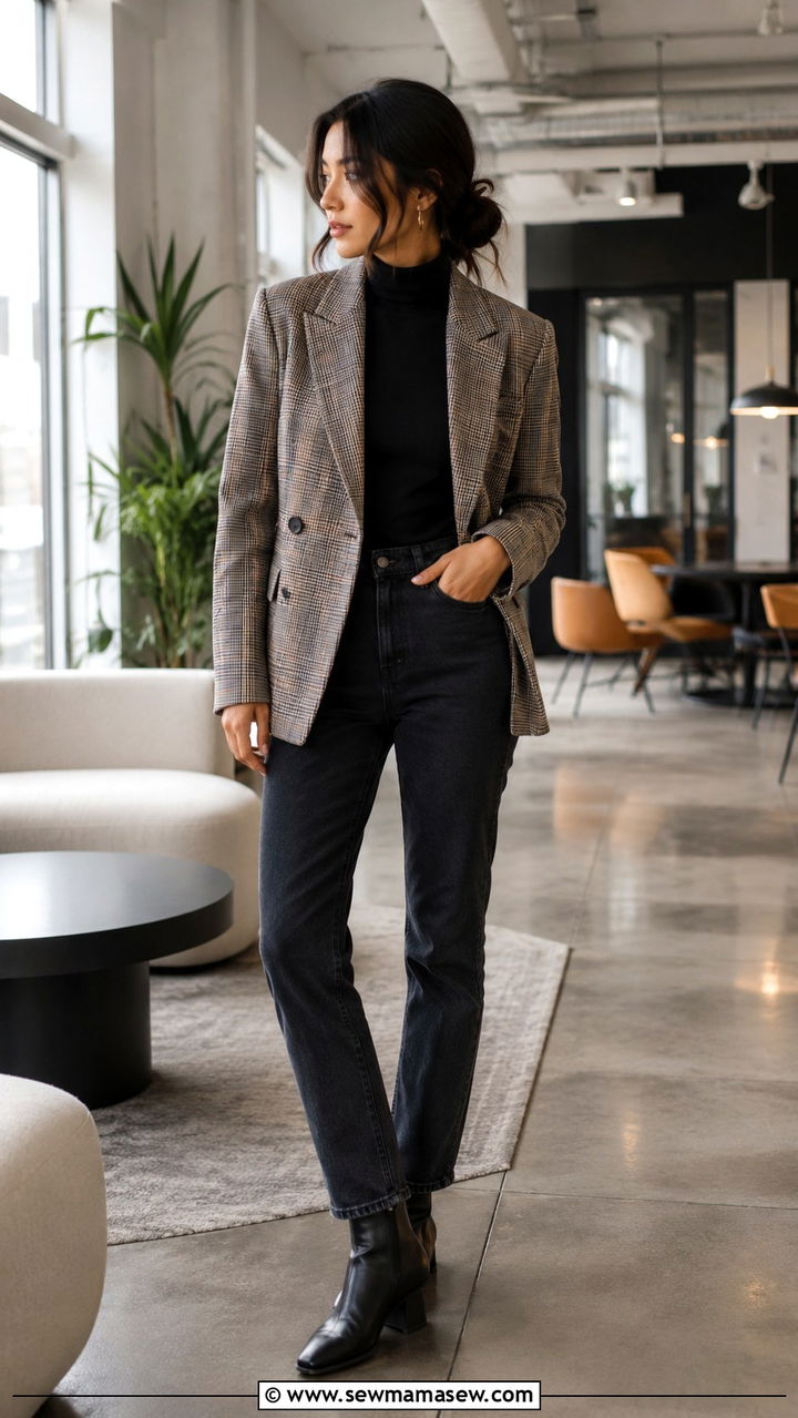Plaid blazer over a black turtleneck and dark jeans - 30 Petite office outfit ideas