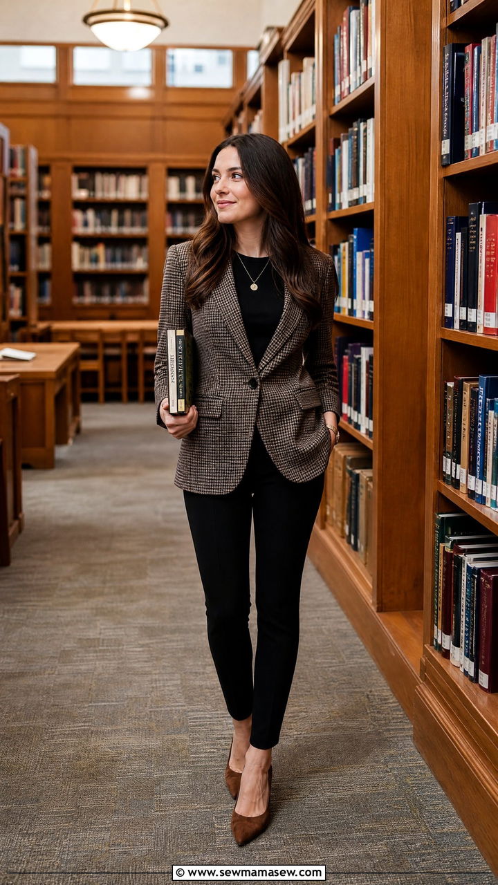 Plaid blazer over black leggings and brown suede pumps - 35 Librarian outfit ideas for work