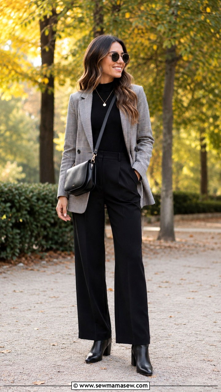 Plaid blazer with a black bodysuit and ankle boots - 25 Wide leg black pants outfit ideas with a blazer