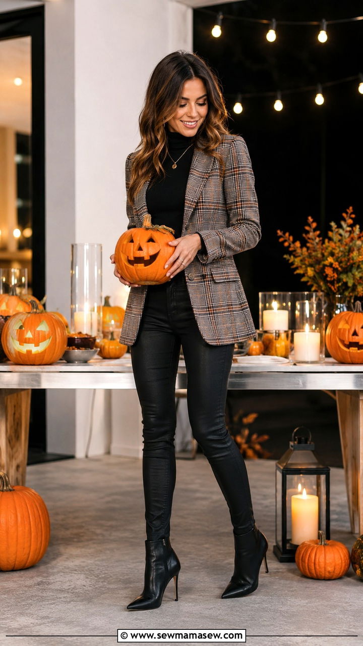 Plaid blazer with a black turtleneck and coated skinny jeans - 30 Pumpkin carving party outfit ideas