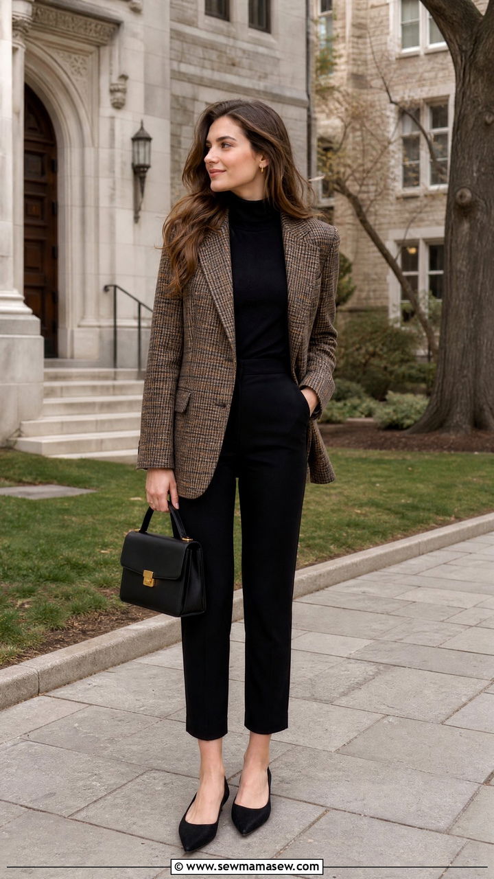 Plaid blazer with a black turtleneck and trousers - 25 Old money outfit ideas for college