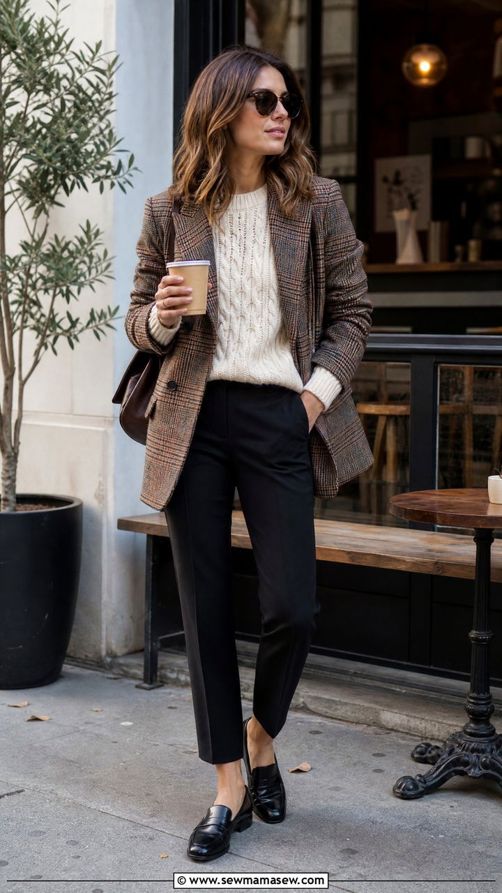 Plaid blazer with a cable knit sweater and tailored black trousers - 30 First cold day outfits
