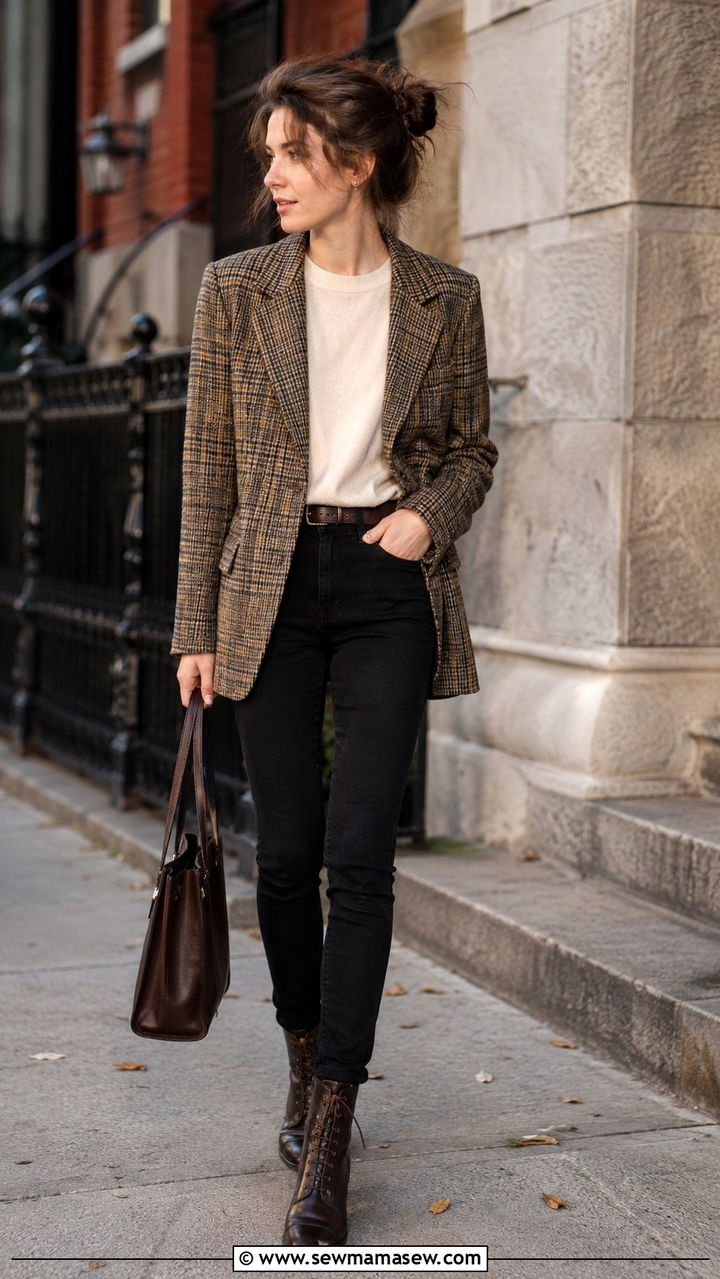 Plaid blazer with a plain tee and black skinny jeans - 30 Chaotic academia outfit ideas