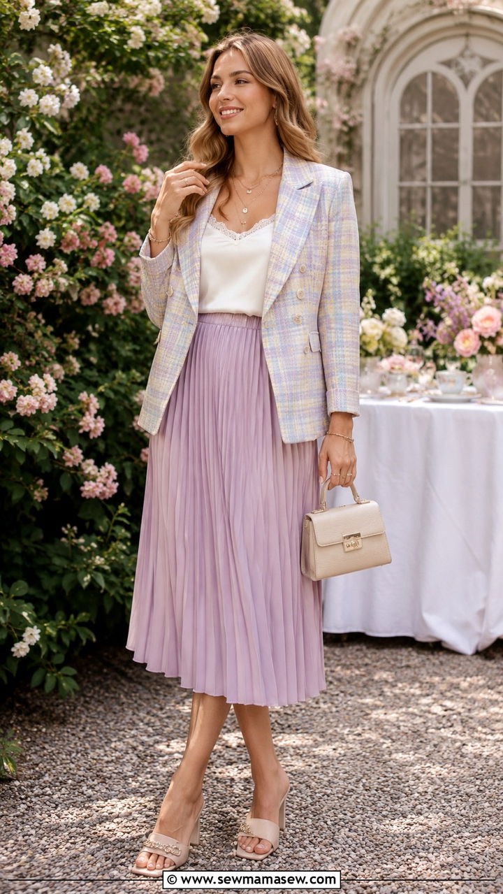 Plaid blazer with a pleated midi skirt - 30 Spring plaid outfits