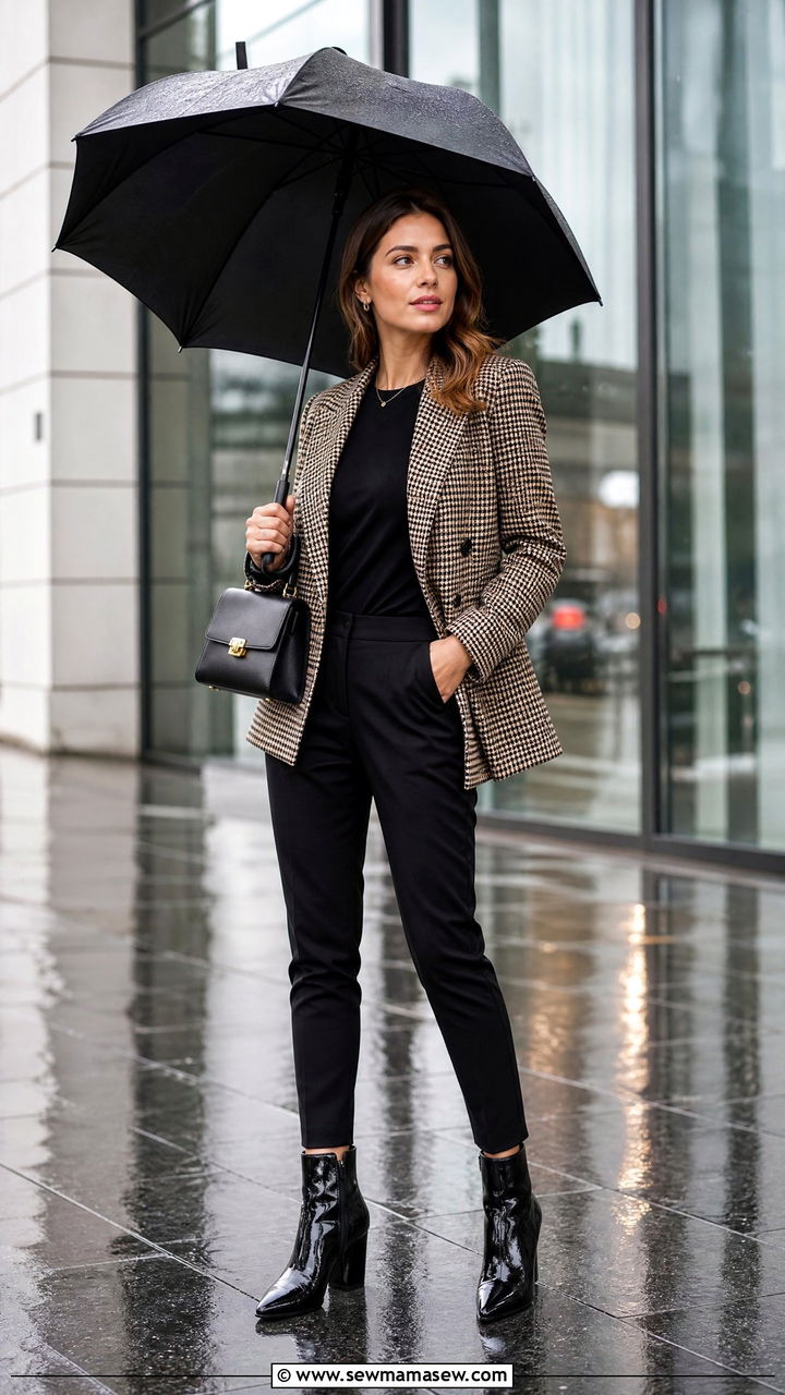 Plaid blazer with black pants - 25 spring rainy day outfit ideas