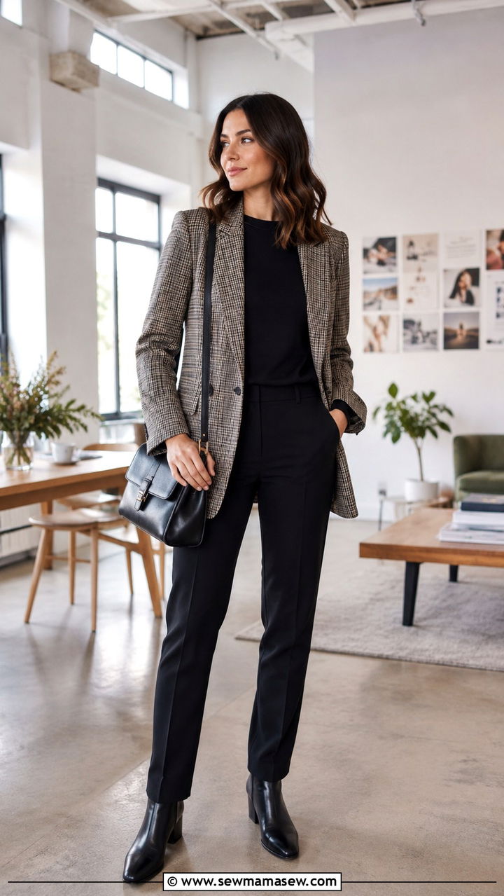 Plaid blazer with black straight leg trousers - 30 modest job interview outfit ideas