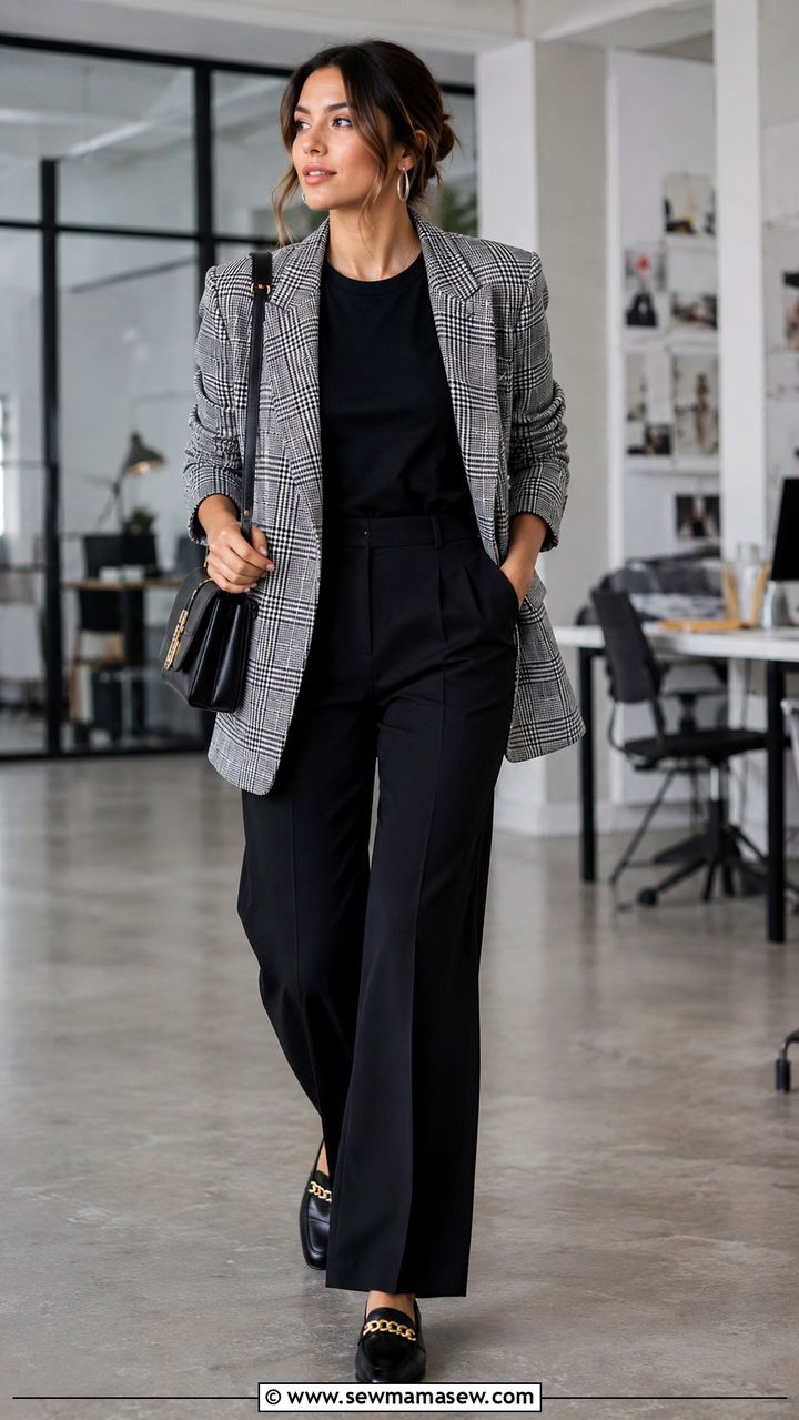 Plaid blazer with black trousers - 30 classy outfits inspo