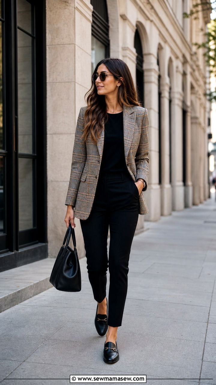 Plaid blazer with black trousers and leather loafers outfit - 40 New job outfit ideas