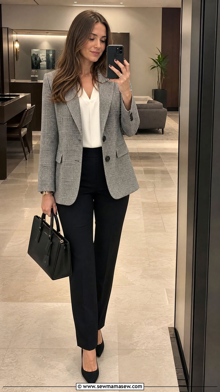 Plaid blazer with black trousers office - 30 Stylish office outfit ideas