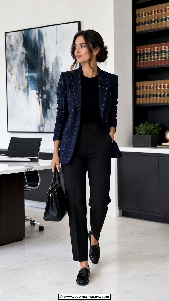 Plaid blazer with black trousers outfit - 25 Female lawyer outfit ideas