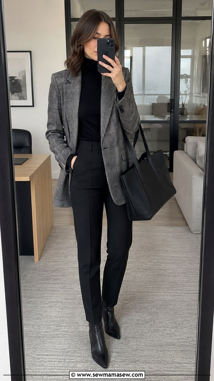 Plaid blazer with black turtleneck and tailored trousers - 30 Overcast day outfit ideas