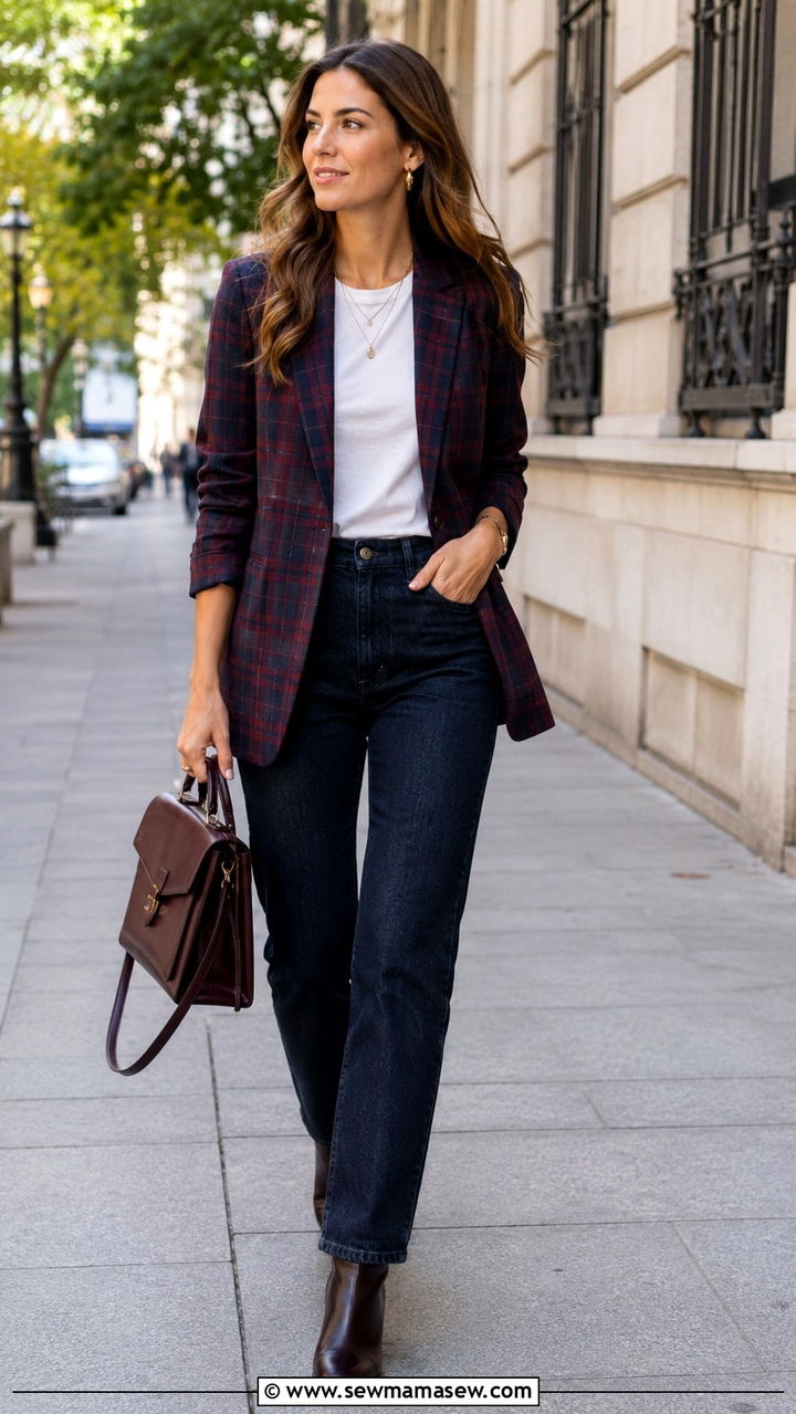 Plaid blazer with dark denim outfit - 30 transitional work outfit ideas