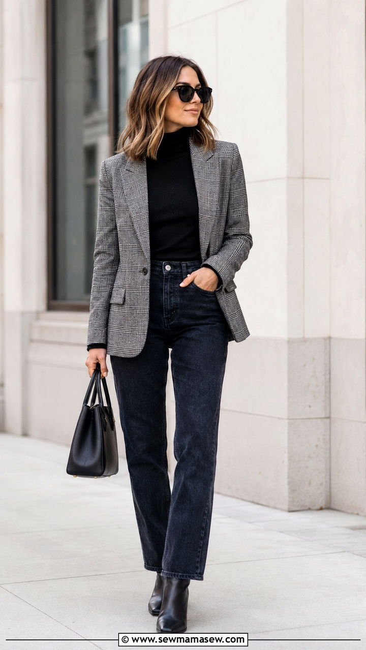 Plaid blazer with dark denim work outfit - 25 seasonal office outfit ideas