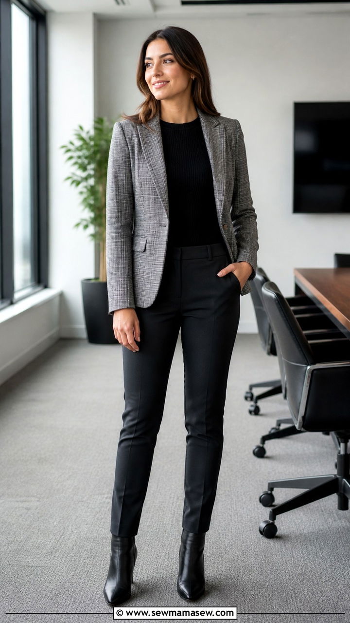 Plaid blazer with dark trousers and leather ankle boots - 40 casual office outfits