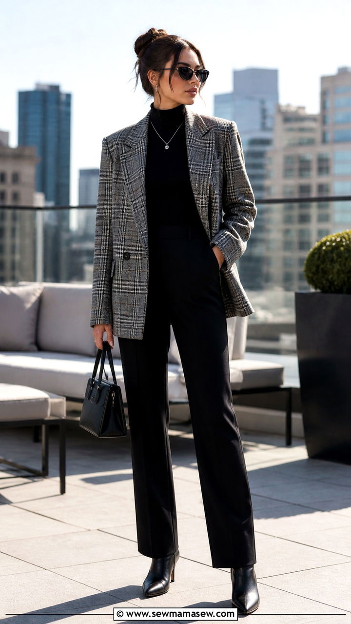 Plaid blazer with dark trousers brunch outfit - 40 Chic brunch outfit ideas