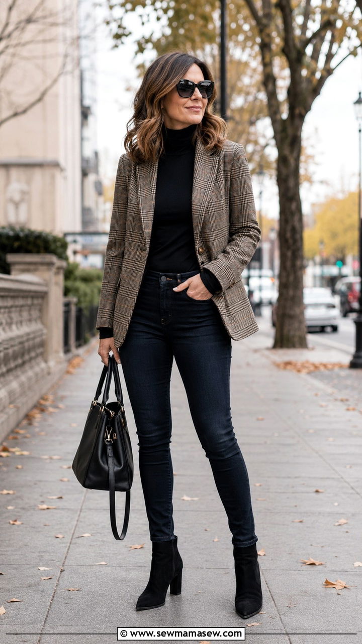 Plaid blazer with dark wash skinny jeans - 20 Jeans and blazer outfit ideas over 40