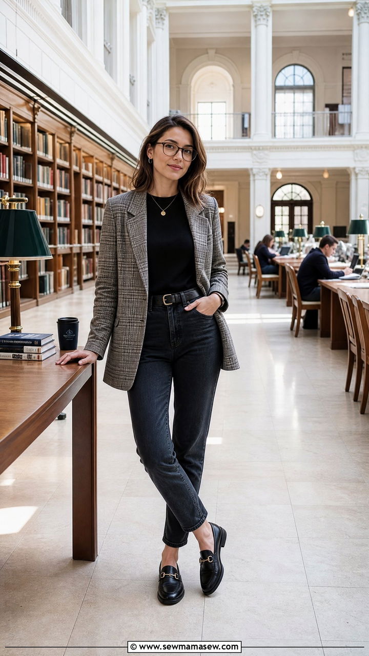 Plaid blazer with dark washed jeans and loafers - 35 Librarian outfit ideas for work