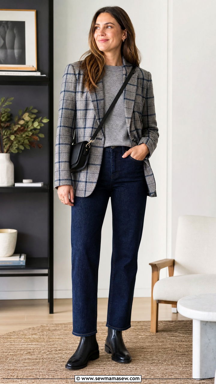 Plaid blazer with gray sweater and dark denim - 30 classy jacket outfits