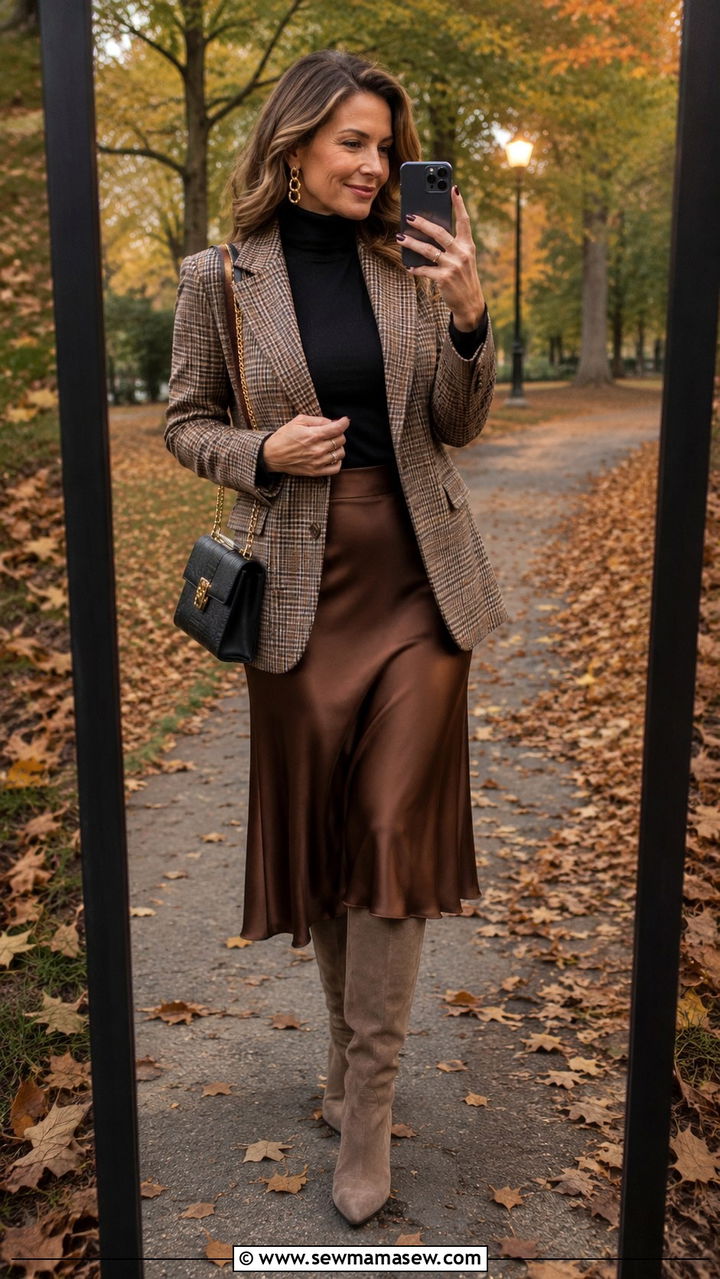 Plaid blazer with midi skirt outfit over 40 - 30 How to style a blazer over 40