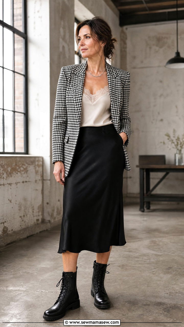 Plaid blazer with silk cami and midi skirt - 35 French girl outfit ideas for women over 40