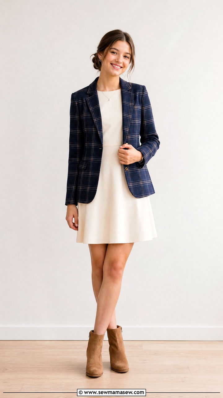 Plaid blazer with solid dress for picture day - 25 High school picture day outfit ideas