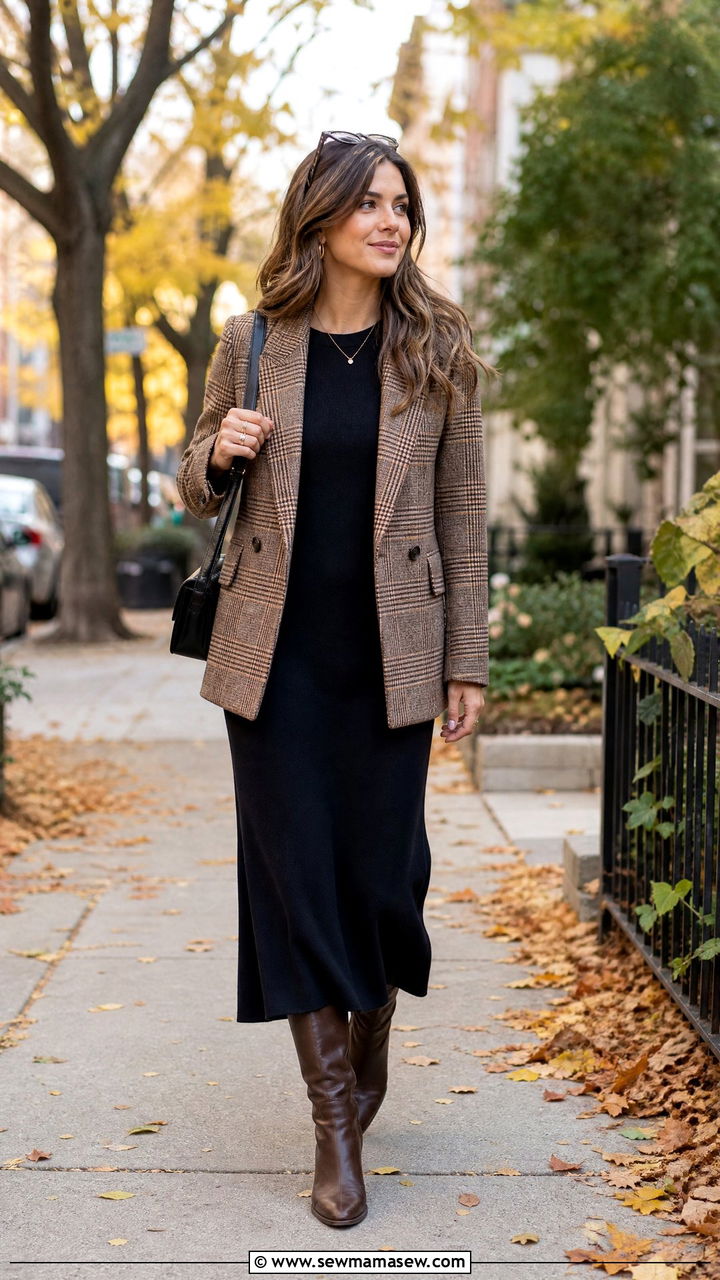 Plaid blazer with solid maxi dress and knee high boots - 30 Maxi dress outfit ideas with a jacket