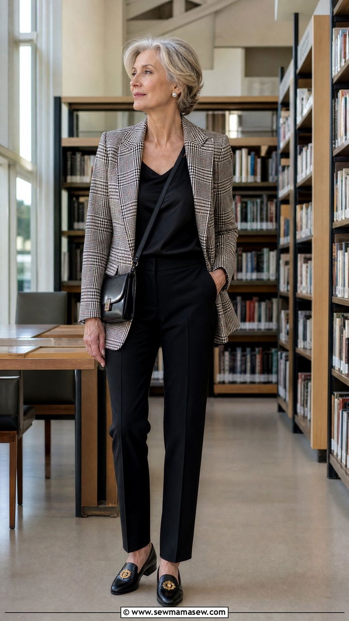 Plaid blazer with solid trousers - 30 French girl outfit ideas for women over 60