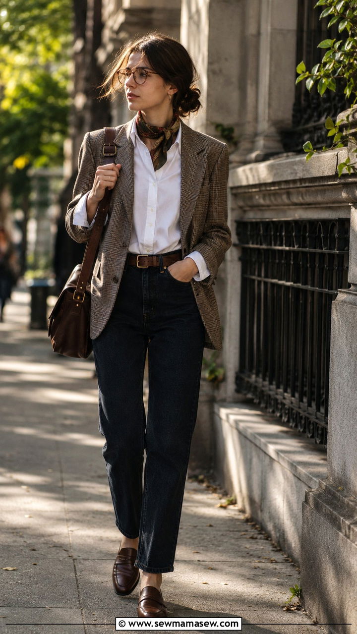 Plaid blazer with white button up and dark denim - 25 Poetcore outfit ideas college professor aesthetic