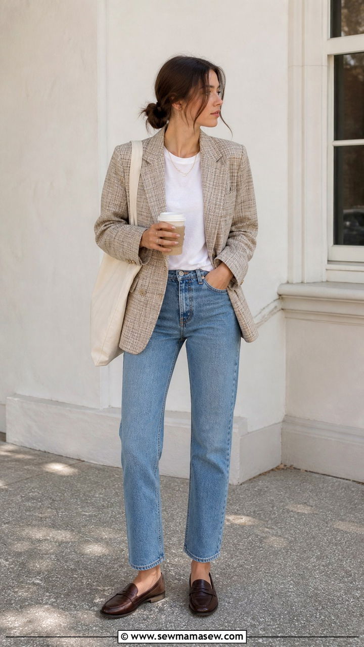 Plaid blazer with white tee and straight leg jeans outfit - 40 light academia outfits