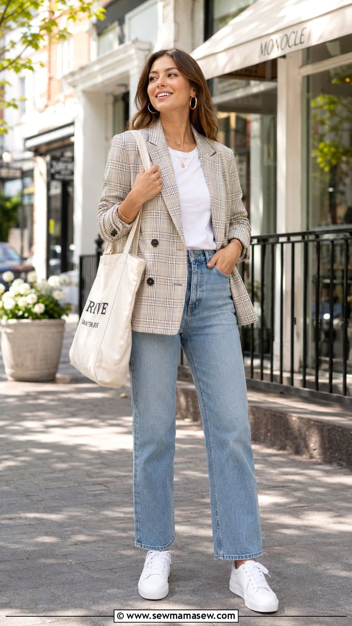 Plaid blazer with white tee and straight leg jeans - 30 Spring plaid outfits