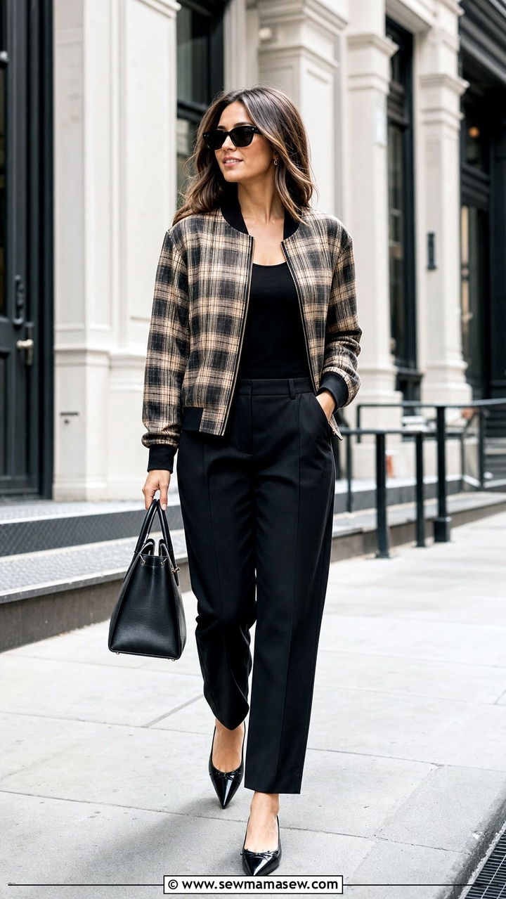 Plaid bomber jacket with black tailored trousers - 25 Spring outfits with bomber jackets