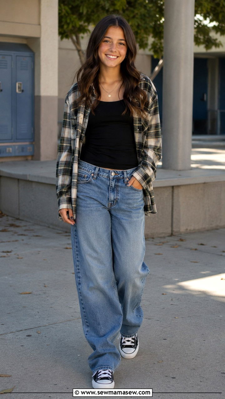 Plaid button down with a tank and jeans - 30 Middle school picture day outfit ideas