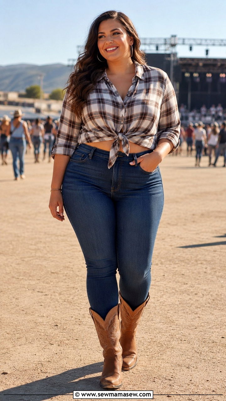 Plaid button up shirt with skinny jeans outfit - 30 plus size country concert outfit ideas