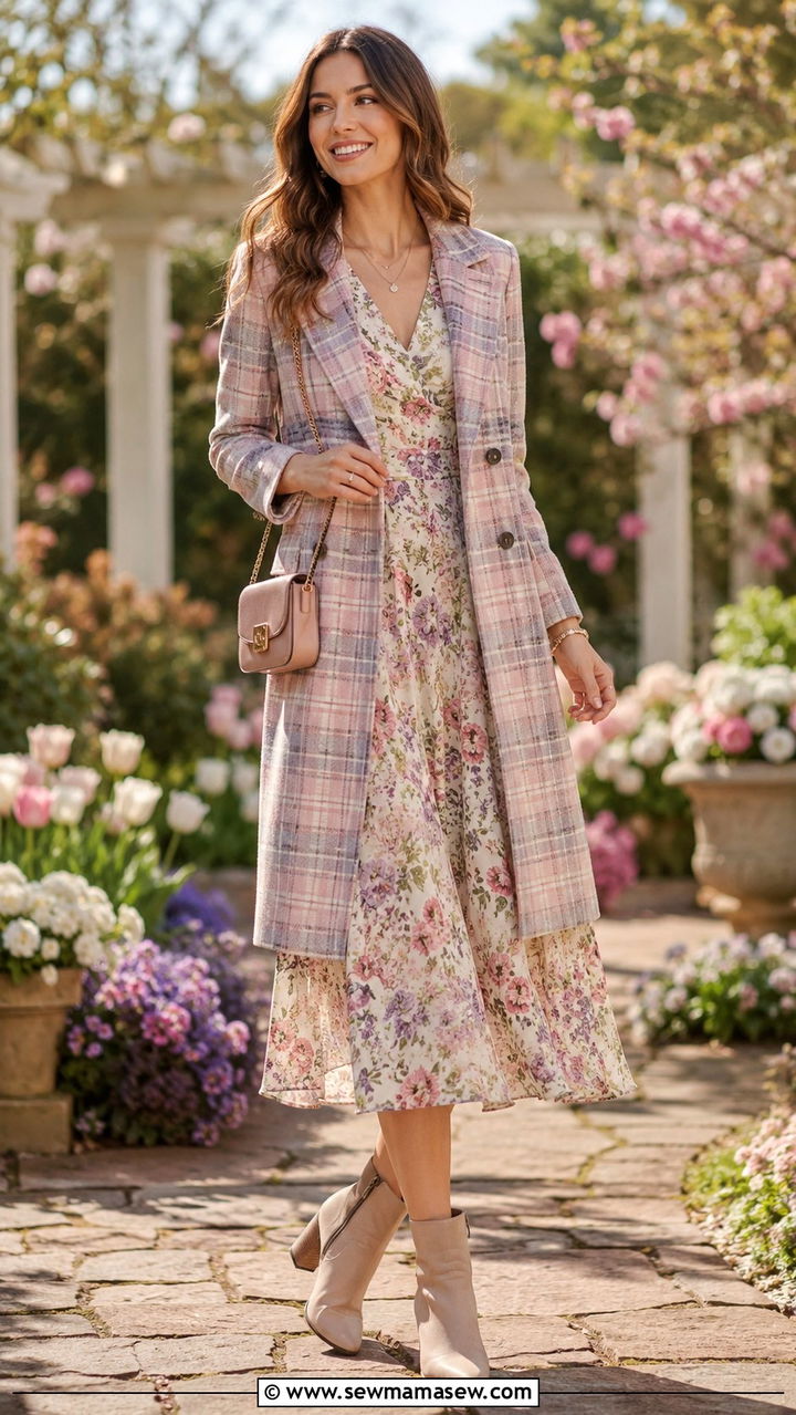 Plaid coat layered over a floral midi dress - 30 Spring plaid outfits