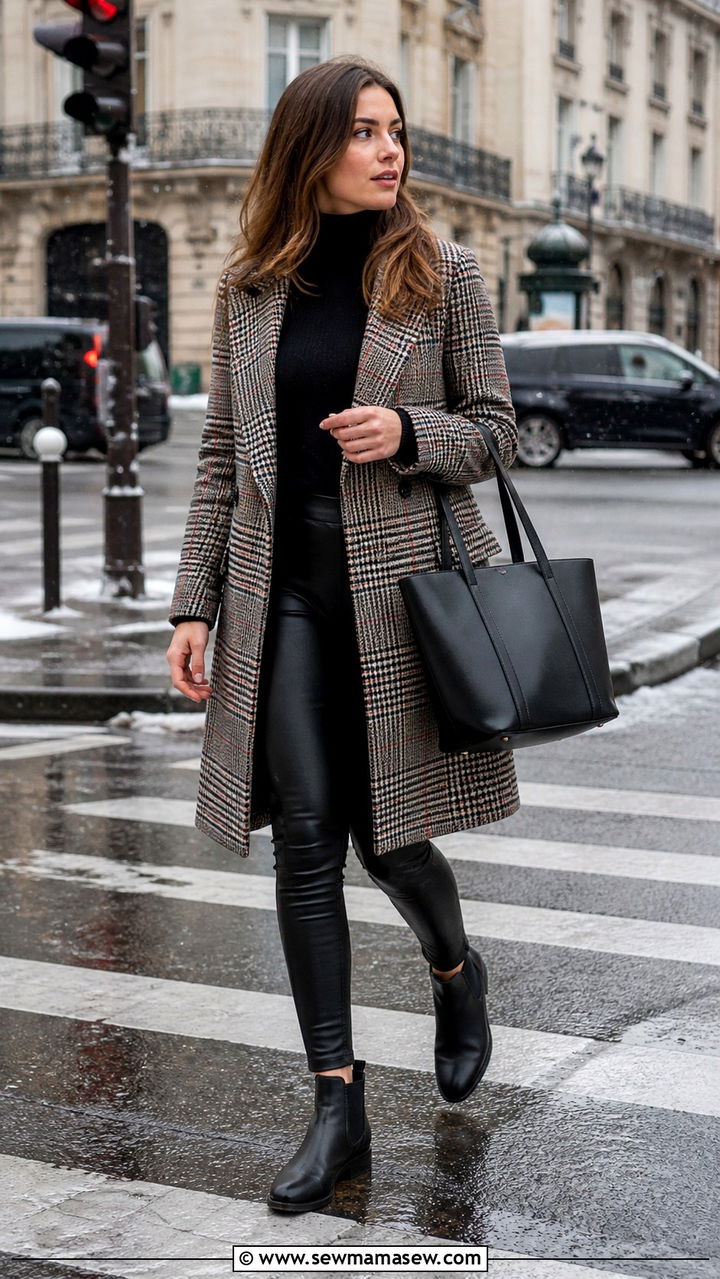 Plaid coat with black leather leggings outfit - 40 Paris outfits