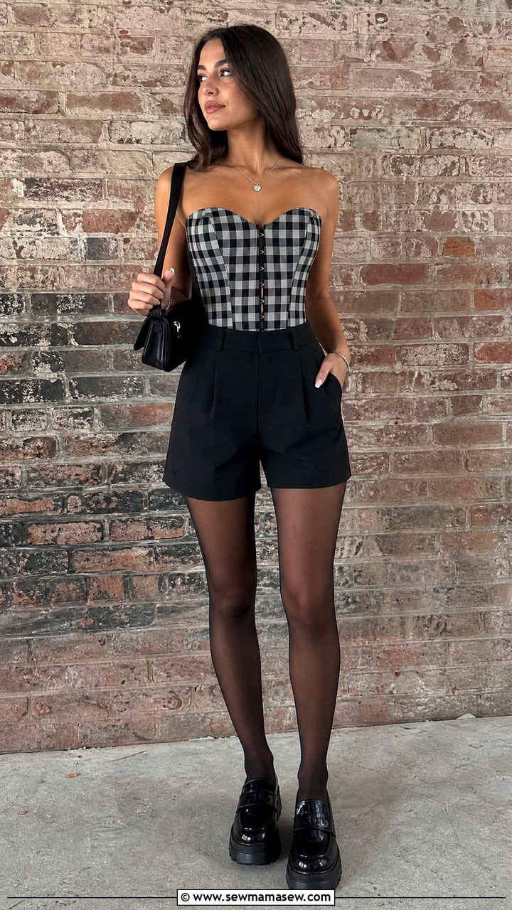Plaid corset and black shorts - 20 Olivia Rodrigo concert outfit ideas