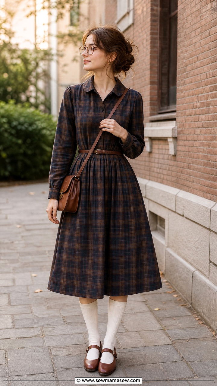 Plaid dress with Mary Jane shoes outfit - 30 librarian core outfits ideas