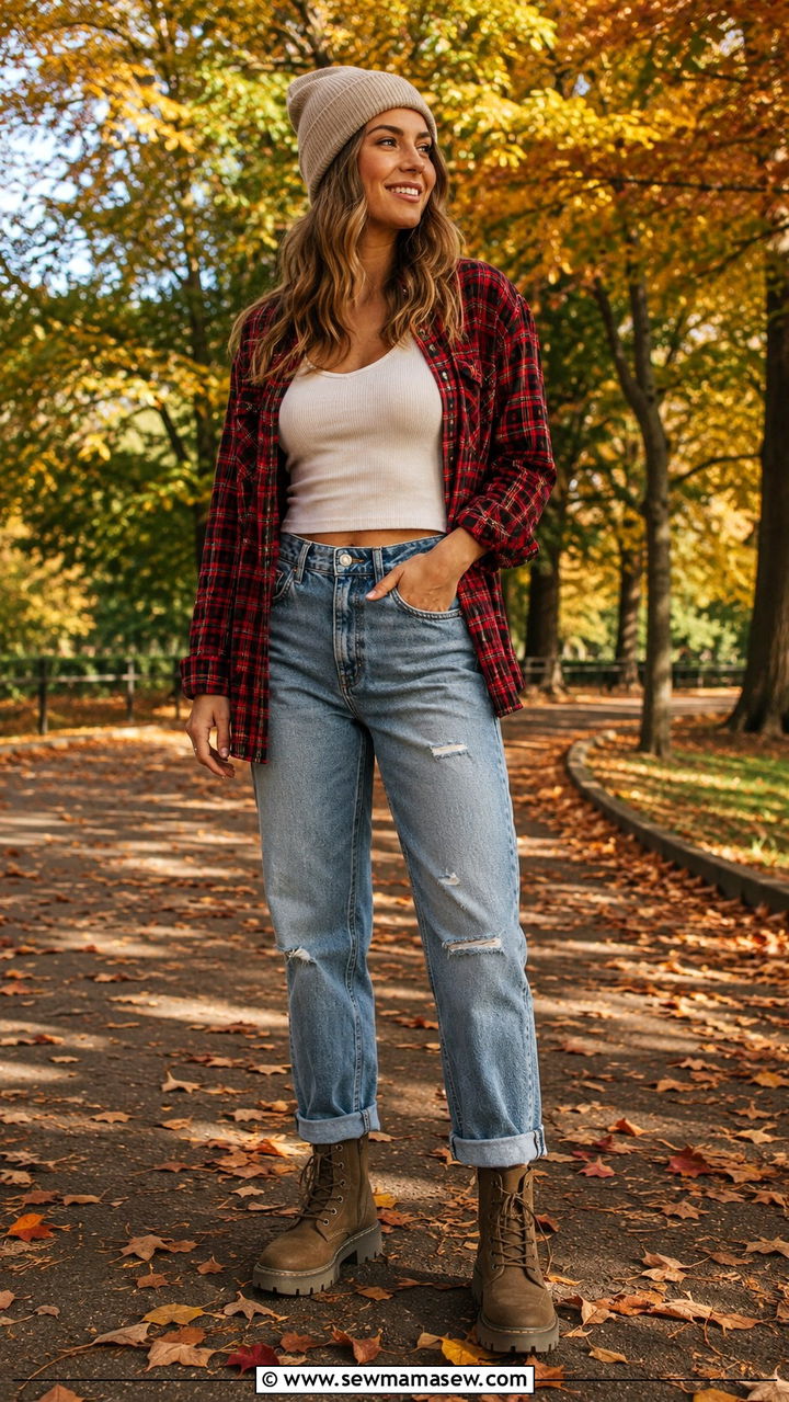 Plaid flannel button down with boyfriend jeans outfit - 25 Boyfriend jeans outfit ideas with a button down